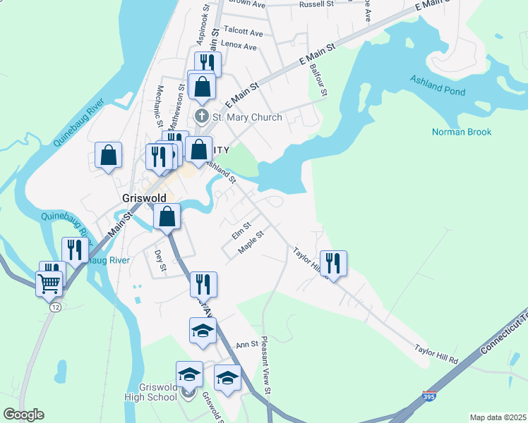 map of restaurants, bars, coffee shops, grocery stores, and more near 109 Ashland Street in Griswold