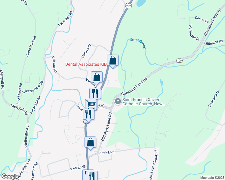 map of restaurants, bars, coffee shops, grocery stores, and more near 102 Park Lane Road in New Milford