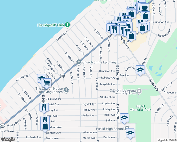 map of restaurants, bars, coffee shops, grocery stores, and more near 271 East 211th Street in Euclid