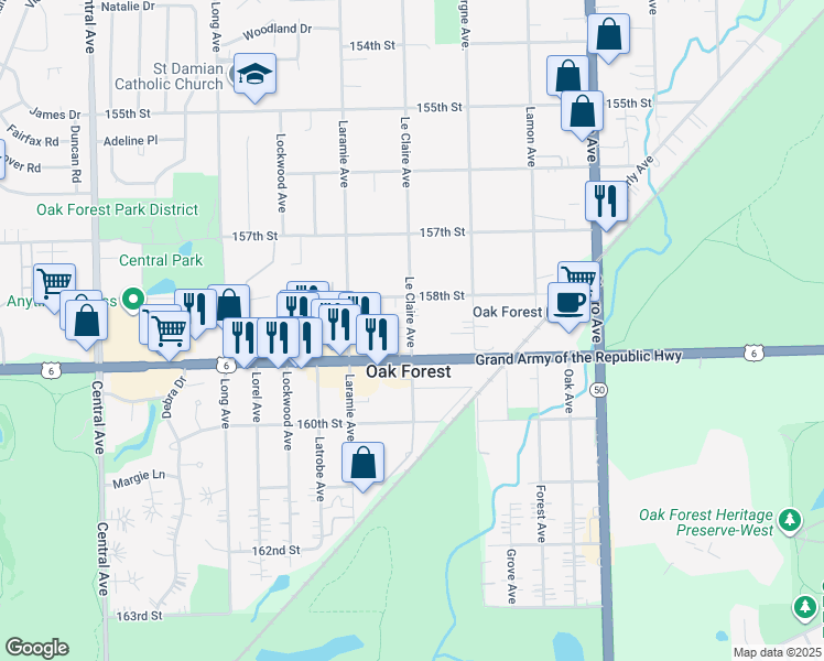 map of restaurants, bars, coffee shops, grocery stores, and more near 15826 Le Claire Avenue in Oak Forest