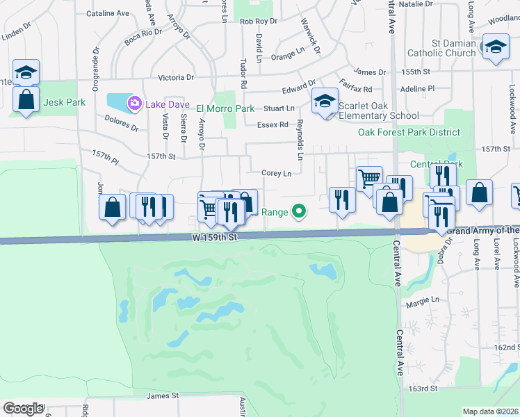map of restaurants, bars, coffee shops, grocery stores, and more near 15828 Terrace Drive in Oak Forest