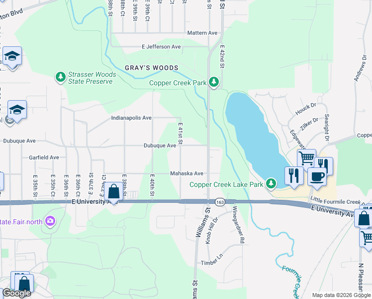 map of restaurants, bars, coffee shops, grocery stores, and more near 1343 East 41st Street in Des Moines