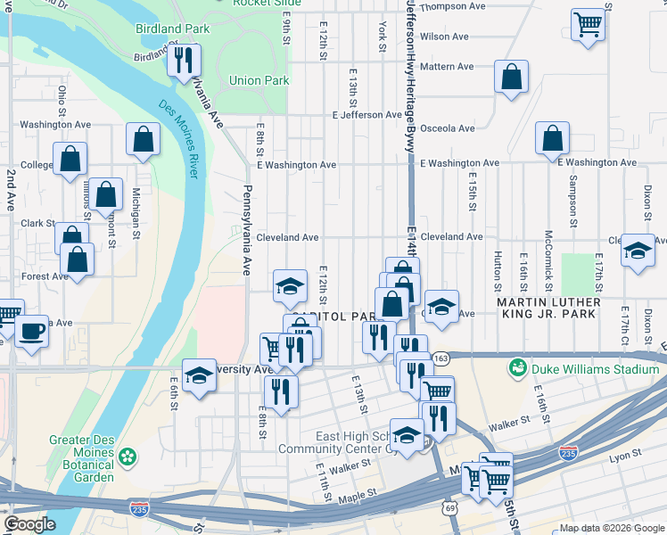map of restaurants, bars, coffee shops, grocery stores, and more near 1349 East 12th Street in Des Moines
