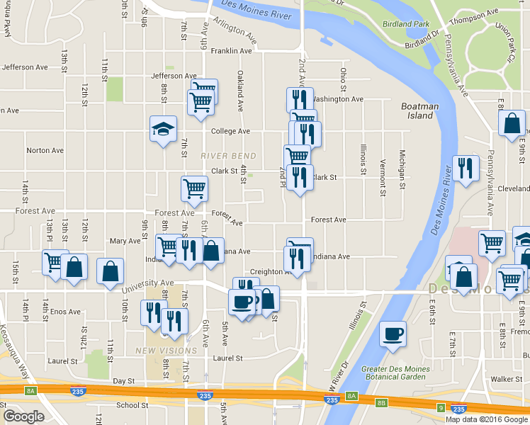 map of restaurants, bars, coffee shops, grocery stores, and more near 1425 4th Street in Des Moines