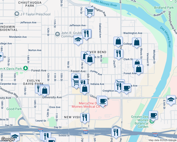 map of restaurants, bars, coffee shops, grocery stores, and more near 513 Forest Avenue in Des Moines