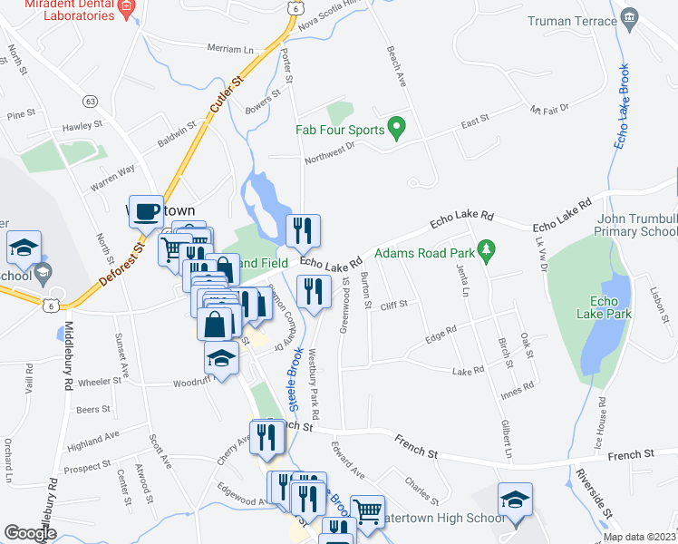 map of restaurants, bars, coffee shops, grocery stores, and more near 194 Echo Lake Road in Watertown