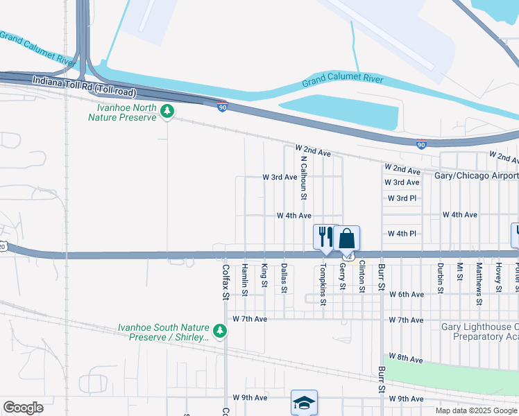 map of restaurants, bars, coffee shops, grocery stores, and more near 372 King St in Gary