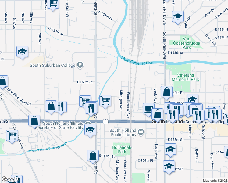 map of restaurants, bars, coffee shops, grocery stores, and more near 16015 Wabash Avenue in South Holland