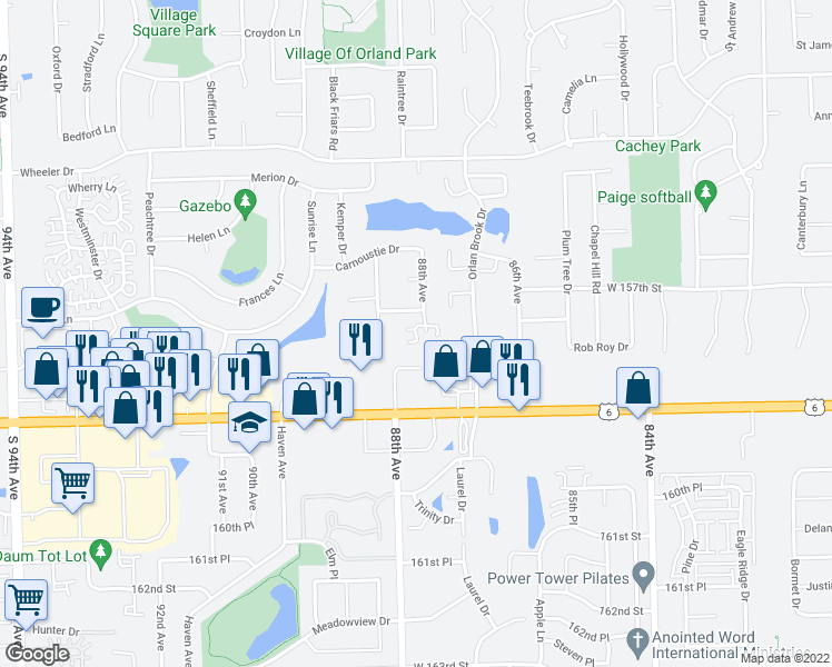 map of restaurants, bars, coffee shops, grocery stores, and more near 15817 Farm Hill Drive in Orland Park