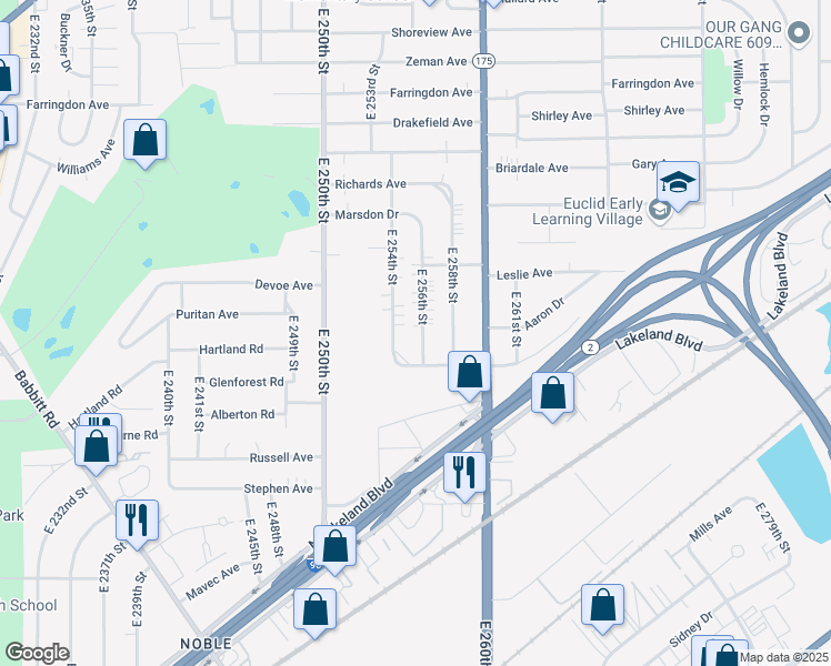 map of restaurants, bars, coffee shops, grocery stores, and more near 840 East 256th Street in Euclid