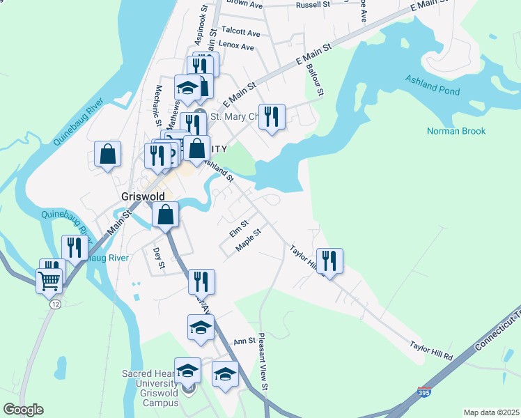 map of restaurants, bars, coffee shops, grocery stores, and more near 109 Ashland Street in Griswold