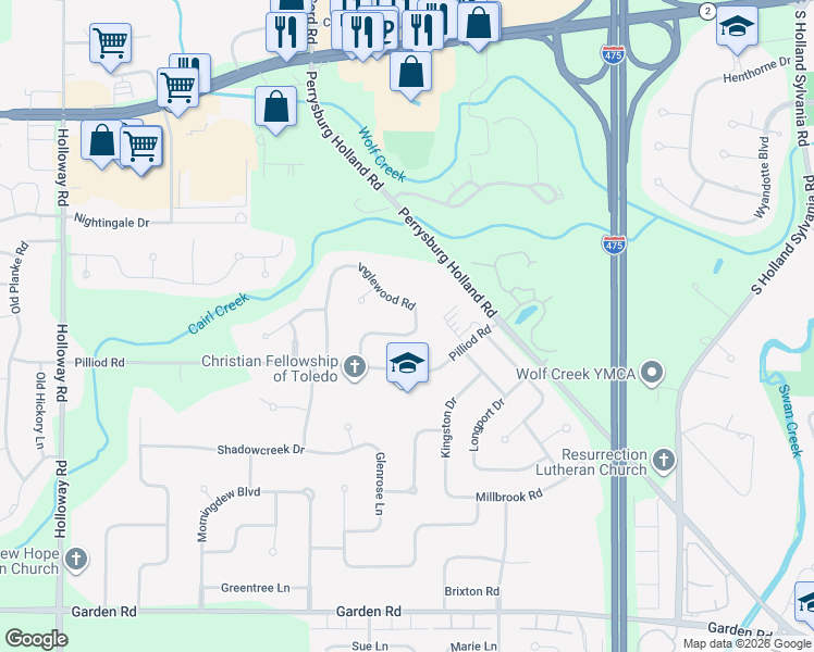 map of restaurants, bars, coffee shops, grocery stores, and more near 2032 Inglewood Road in Holland