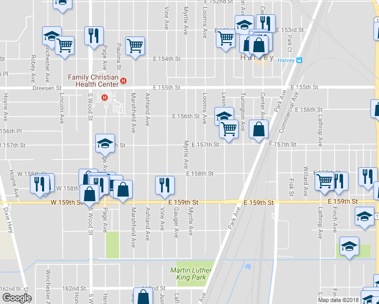 map of restaurants, bars, coffee shops, grocery stores, and more near 15711 Myrtle Avenue in Harvey
