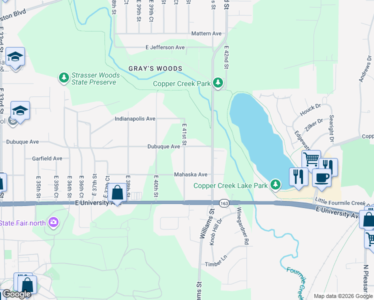 map of restaurants, bars, coffee shops, grocery stores, and more near 1343 East 41st Street in Des Moines