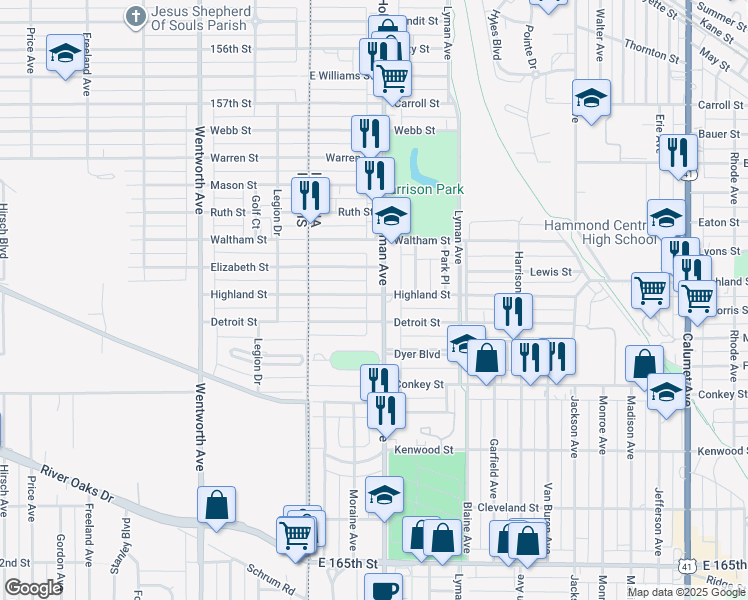 map of restaurants, bars, coffee shops, grocery stores, and more near 6030 Hohman Avenue in Hammond