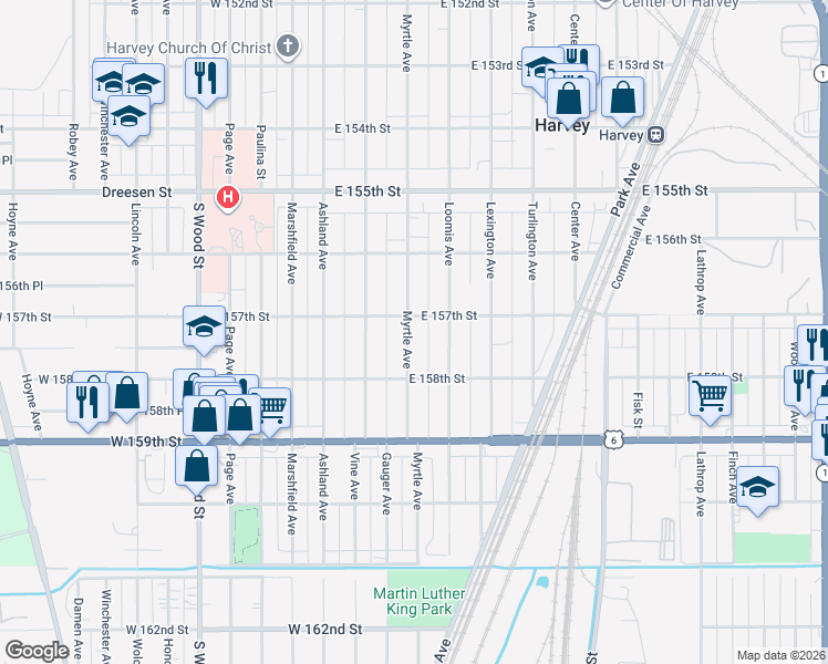 map of restaurants, bars, coffee shops, grocery stores, and more near 15711 Myrtle Avenue in Harvey
