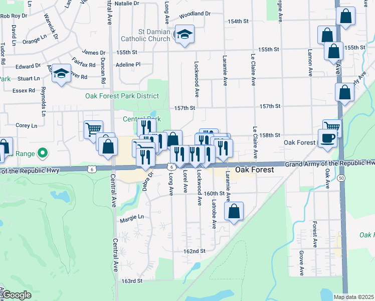 map of restaurants, bars, coffee shops, grocery stores, and more near 15811 Lorel Avenue in Oak Forest