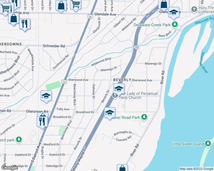 map of restaurants, bars, coffee shops, grocery stores, and more near 3428 Beverly Drive in Toledo