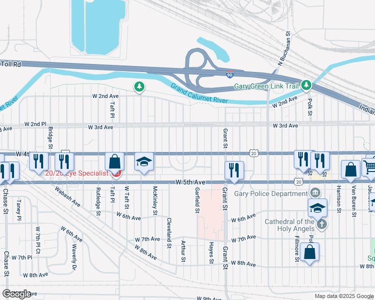 map of restaurants, bars, coffee shops, grocery stores, and more near 369 Arthur St in Gary
