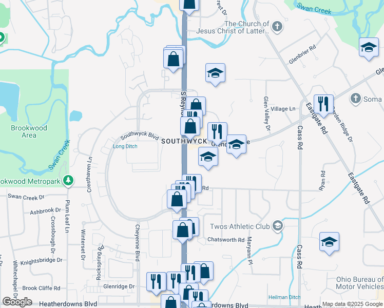 map of restaurants, bars, coffee shops, grocery stores, and more near 2003 South Reynolds Road in Toledo