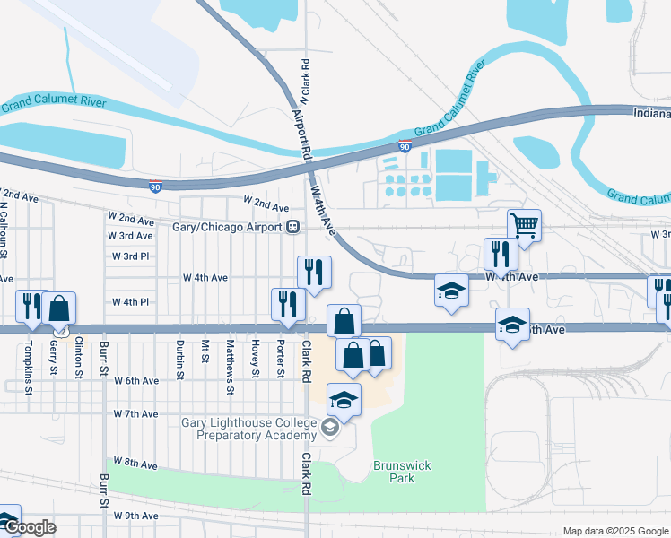 map of restaurants, bars, coffee shops, grocery stores, and more near 385 Williams Street in Gary
