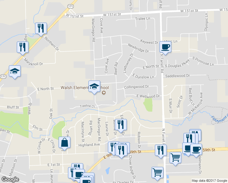 map of restaurants, bars, coffee shops, grocery stores, and more near 521 Reef Road in Lockport