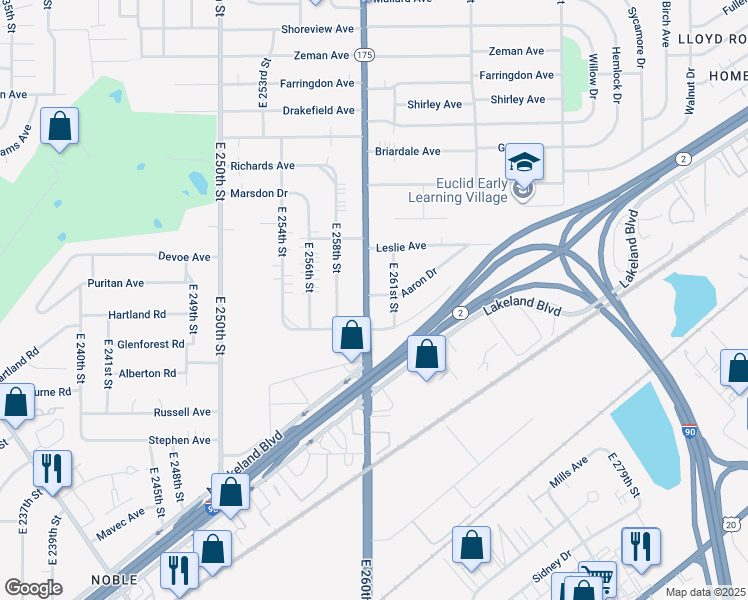 map of restaurants, bars, coffee shops, grocery stores, and more near 865 E 260th St in Euclid