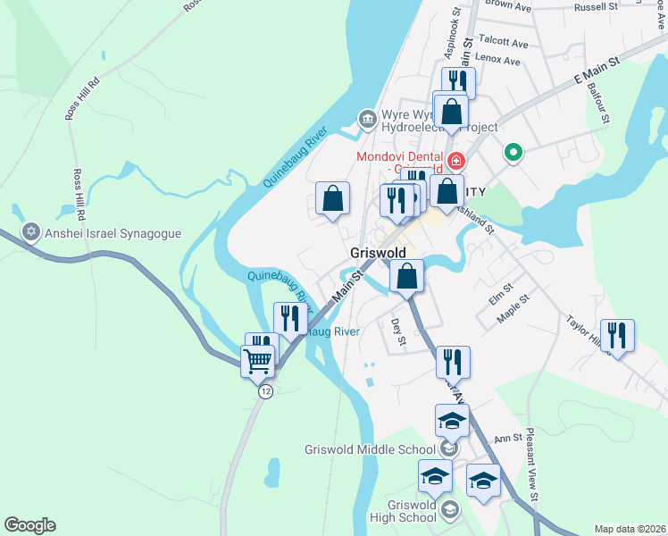 map of restaurants, bars, coffee shops, grocery stores, and more near 41 South Main Street in Griswold