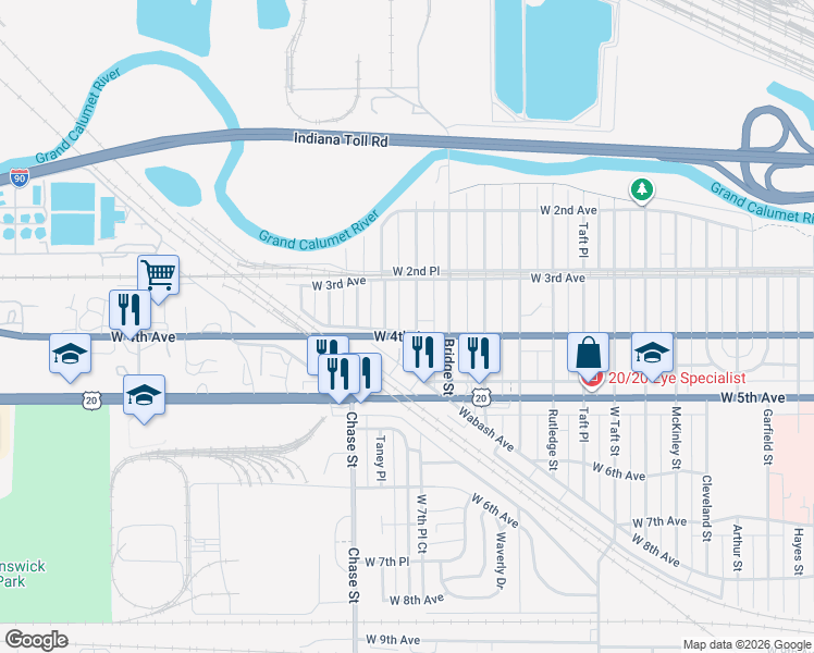 map of restaurants, bars, coffee shops, grocery stores, and more near 2900 W 4th Ave in Gary