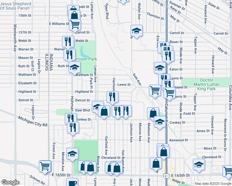 map of restaurants, bars, coffee shops, grocery stores, and more near 506 Highland Street in Hammond