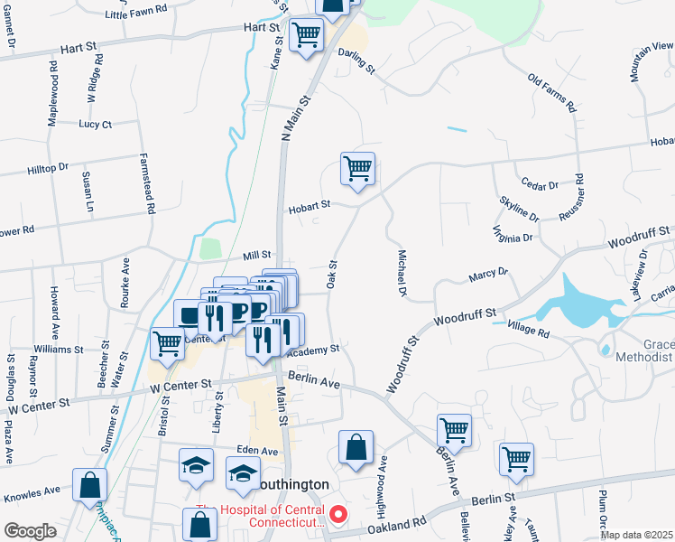 map of restaurants, bars, coffee shops, grocery stores, and more near 109 Oak Street in Southington