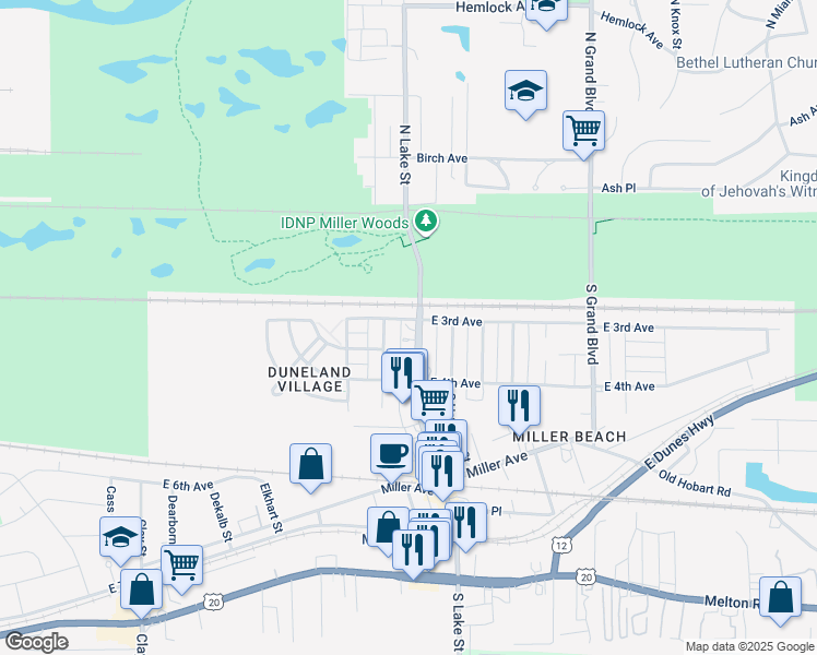 map of restaurants, bars, coffee shops, grocery stores, and more near 308-10 North Lake Street in Gary