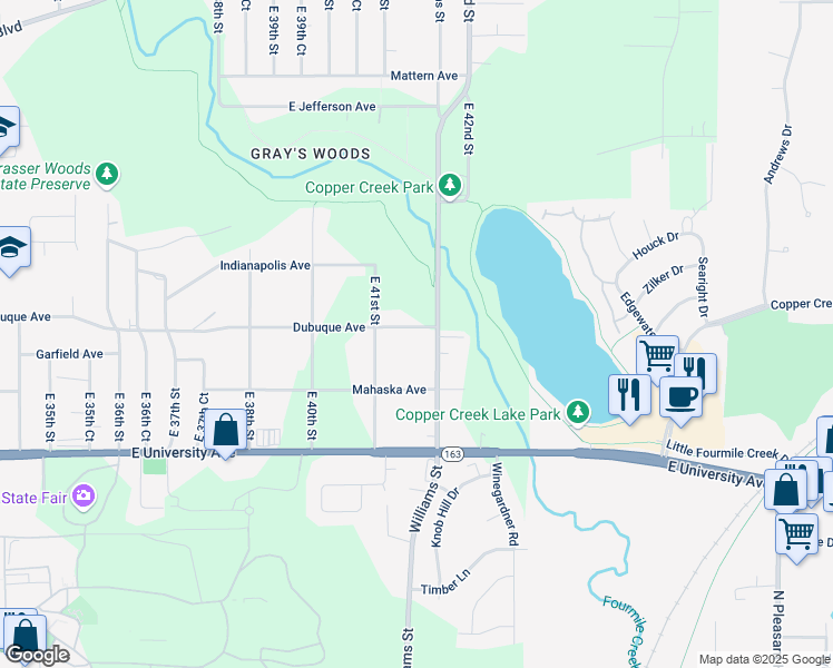 map of restaurants, bars, coffee shops, grocery stores, and more near 4141 Dubuque Avenue in Des Moines