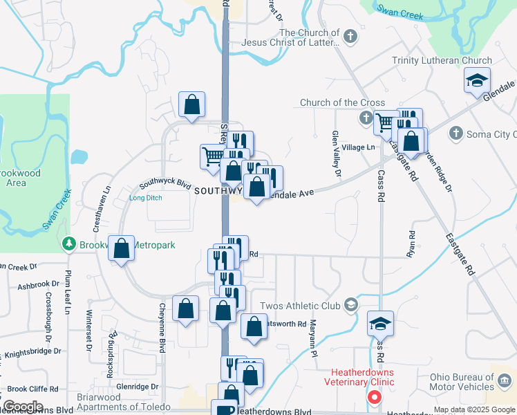 map of restaurants, bars, coffee shops, grocery stores, and more near 5115 Glendale Avenue in Toledo