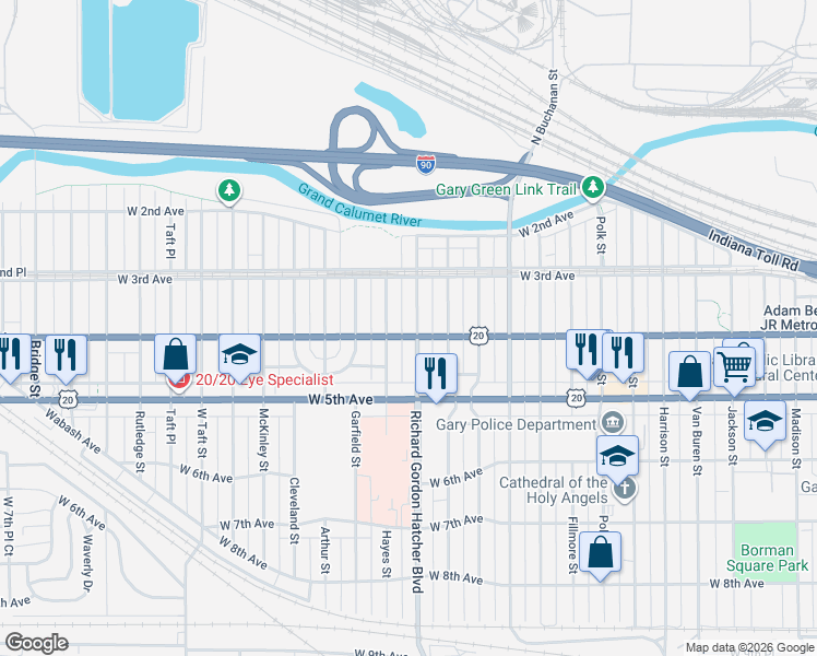 map of restaurants, bars, coffee shops, grocery stores, and more near 366 Grant Street in Gary