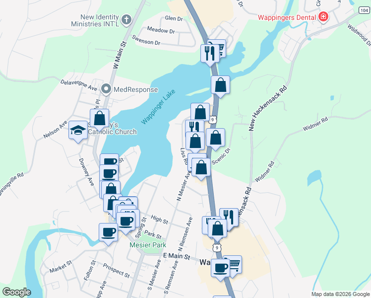 map of restaurants, bars, coffee shops, grocery stores, and more near 14 Liss Road in Wappingers Falls