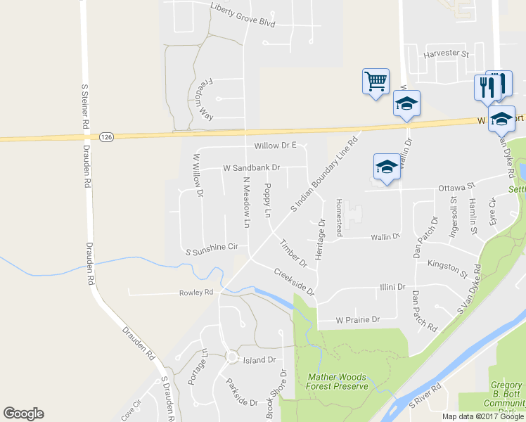 map of restaurants, bars, coffee shops, grocery stores, and more near 15244 Poppy Lane in Plainfield
