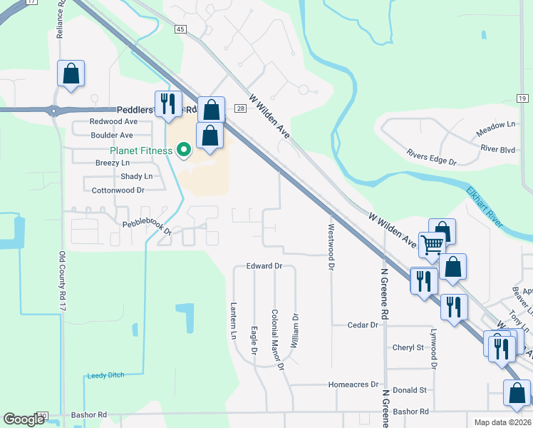 map of restaurants, bars, coffee shops, grocery stores, and more near 1314 Briarwood Boulevard in Goshen