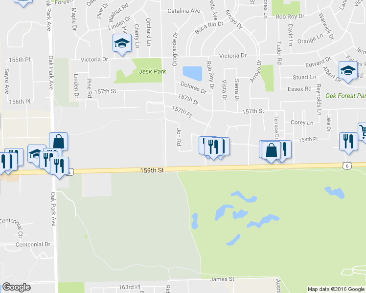 map of restaurants, bars, coffee shops, grocery stores, and more near 15817 Jon Road in Oak Forest