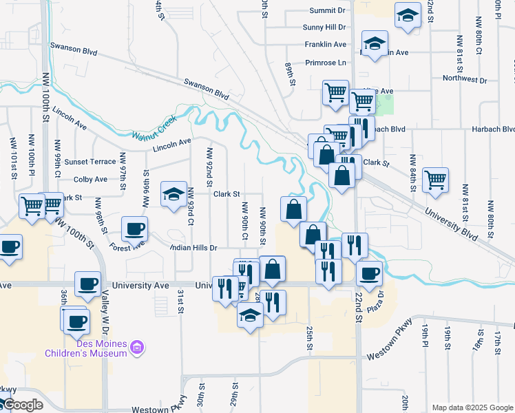 map of restaurants, bars, coffee shops, grocery stores, and more near 1474 Northwest 90th Street in Clive