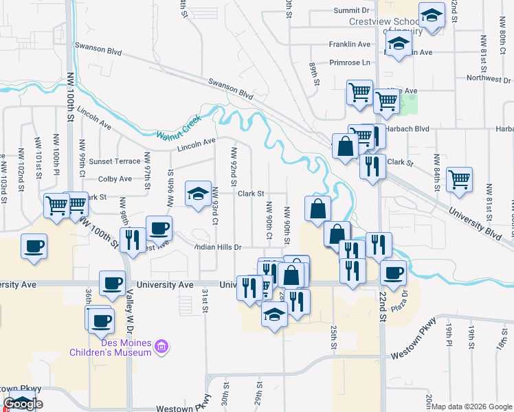 map of restaurants, bars, coffee shops, grocery stores, and more near 1475 Northwest 91st Street in Clive