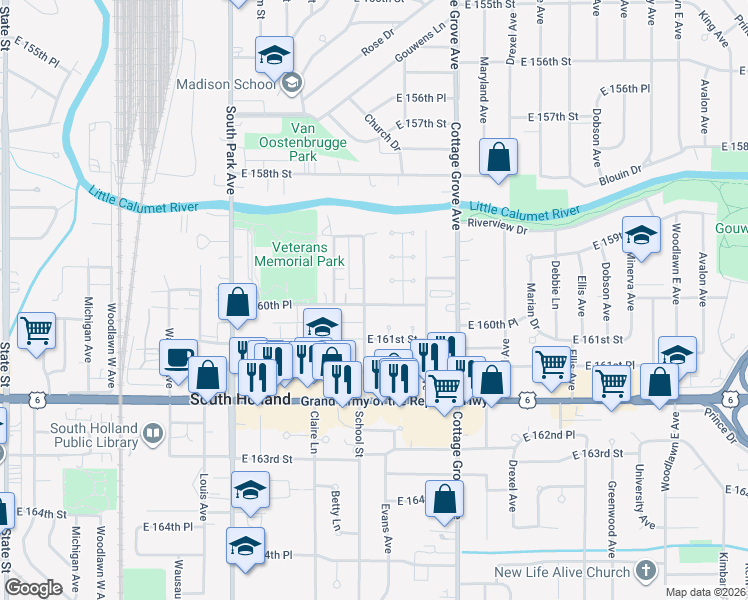 map of restaurants, bars, coffee shops, grocery stores, and more near 16015 School Street in South Holland