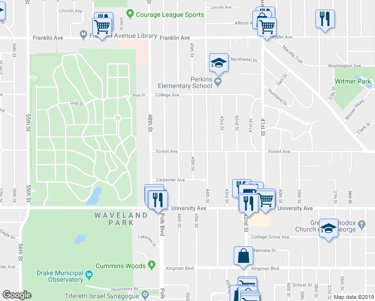 map of restaurants, bars, coffee shops, grocery stores, and more near 4507 Forest Ave in Des Moines