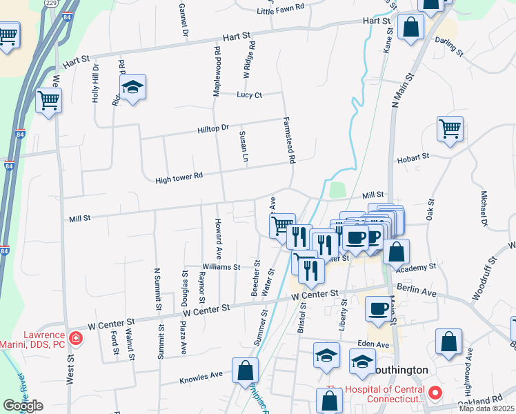 map of restaurants, bars, coffee shops, grocery stores, and more near 165 Beecher Street in Southington