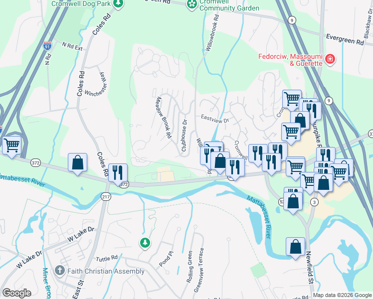 map of restaurants, bars, coffee shops, grocery stores, and more near 10 Clubhouse Drive in Cromwell