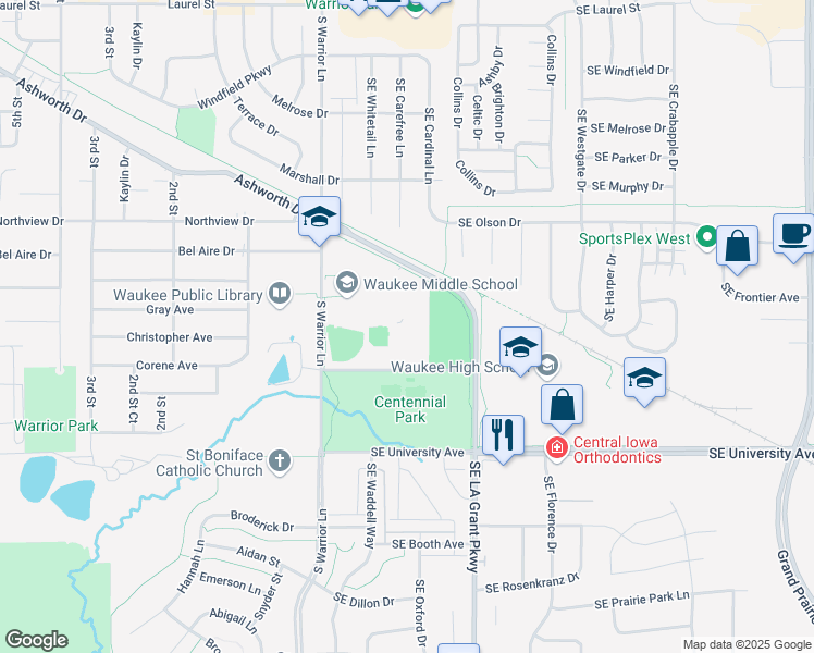 map of restaurants, bars, coffee shops, grocery stores, and more near 905 Warrior Lane in Waukee