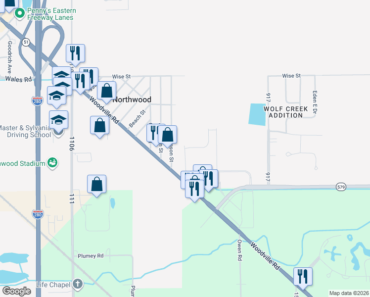 map of restaurants, bars, coffee shops, grocery stores, and more near 931 Hanson Street in Northwood