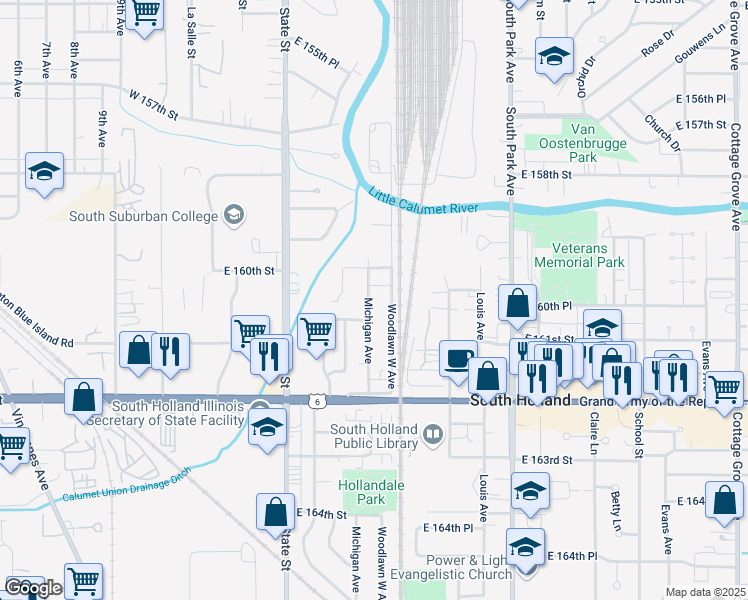 map of restaurants, bars, coffee shops, grocery stores, and more near 16013 Michigan Avenue in South Holland