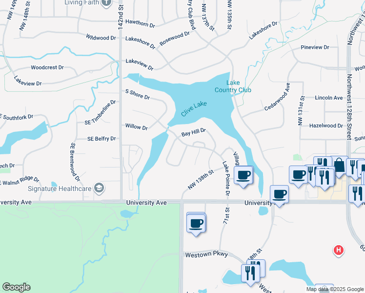 map of restaurants, bars, coffee shops, grocery stores, and more near 1490 Pompano Drive in Clive