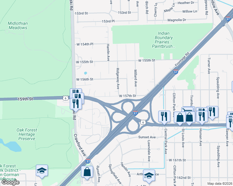map of restaurants, bars, coffee shops, grocery stores, and more near 15652 Ridgeway Avenue in Markham
